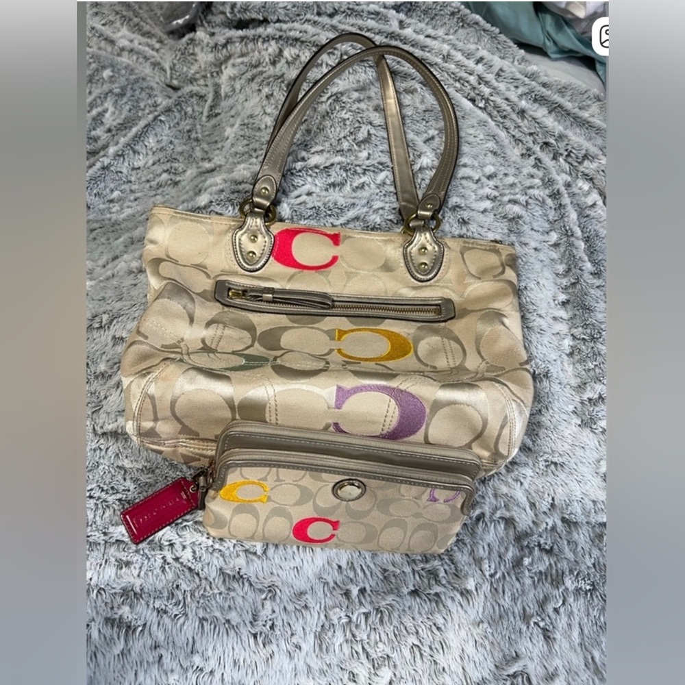 Coach Beige Signature Tote with Multicolor C Accents - Picture 2 of 13
